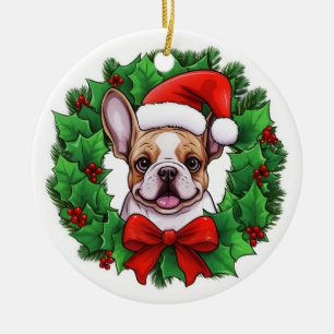 Adorno De Cerámica Wreath, Navidades del Bulldog francés