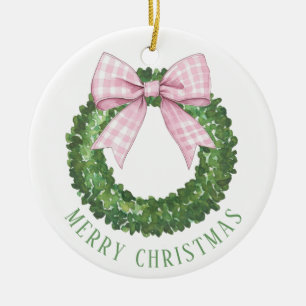 Adorno De Cerámica Wreath perrito con rosado Gingham Bow