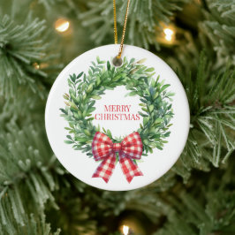 Adorno De Cerámica Wreath Verde De Acuarela Con Bow Rojo De Gingham