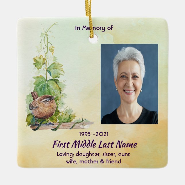 Adorno De Cerámica  Wren Bird Vineyard Memorial Keepsake (Anverso)