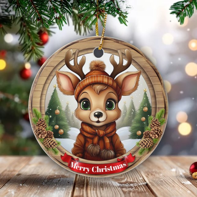 Adorno De Cerámica Xmas Deer with Antlers Animal Character Decor 🦌🎄 (Editable Text Xmas Deer with Antlers Animal Character Reindeer Christmas Decor Ceramic Ornament 🦌🎄)