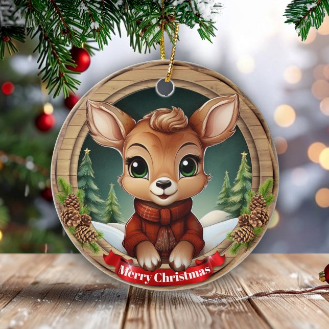 Adorno De Cerámica Xmas Doe Festive Holiday Wooden Rustic Pine 🦌🎄 (Personalizable Xmas doe, festive holiday wooden rustic pine, pinecone winter Ceramic Ornament! 🦌🎄)