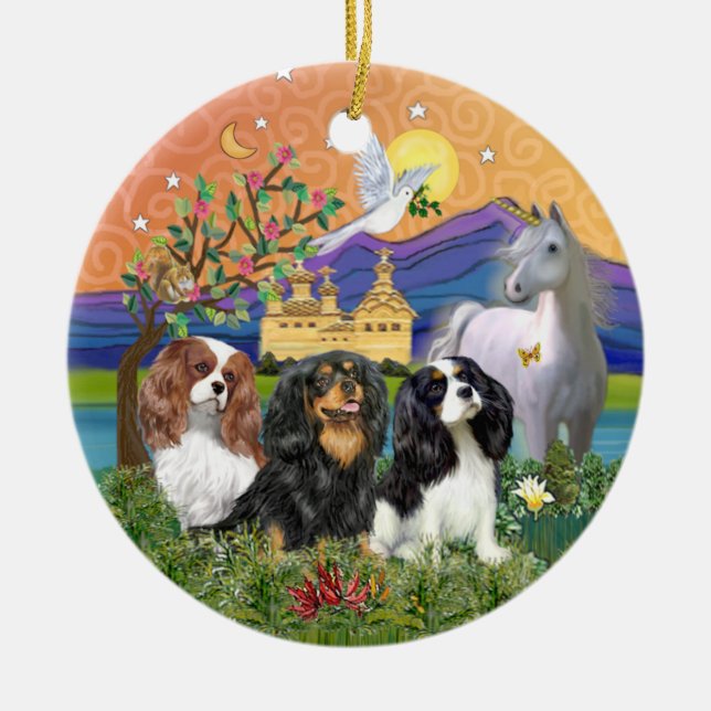 Adorno De Cerámica Xmas Fantasy-Three Cavalier King Charles Spaniel (Frente)