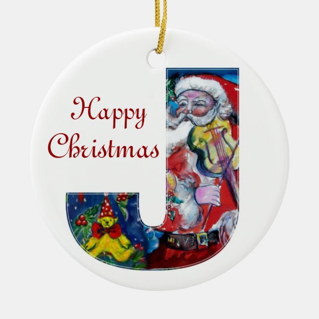 ADORNO DE CERÁMICA XMAS J LETTER /SANTA CLAUS CON VIOLIN MONOGRAM (Frente)