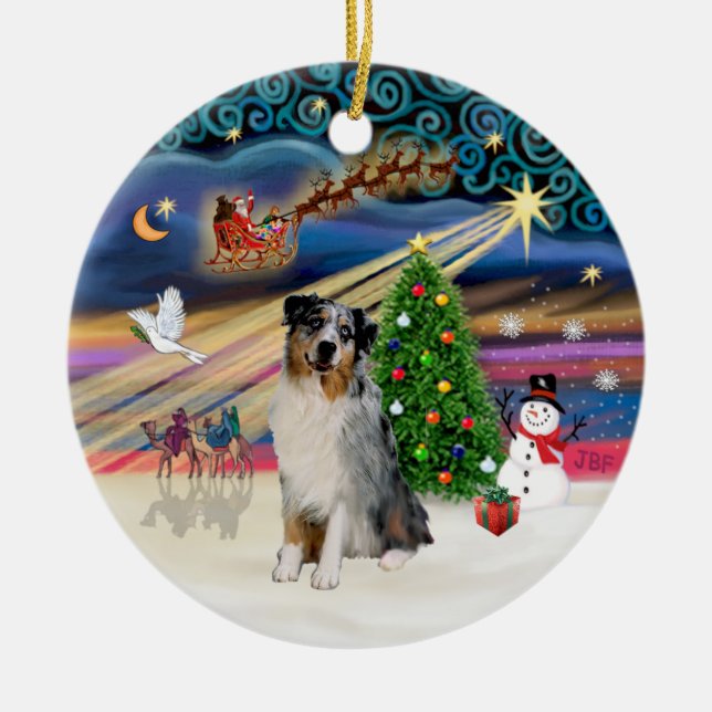 Adorno De Cerámica Xmas Magic - Aussie Shepherd (merle) (Frente)