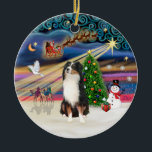 Adorno De Cerámica Xmas Magic - Aussie Shepherd (tri)<br><div class="desc">Un pastor australiano de tres colores es el punto central de este encantador diseño que presenta algunos de los principales símbolos de los Navidades: los tres hombres sabios, la estrella de Belén, un árbol de Navidad decorado, un muñeco de nieve, una paloma de paz y Santa y sus renos volando...</div>