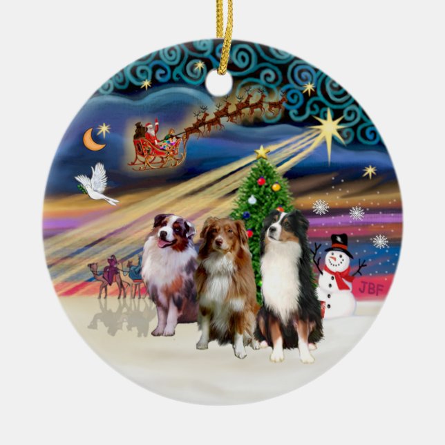 Adorno De Cerámica Xmas Magic - Aussie Shepherds (3) (Frente)