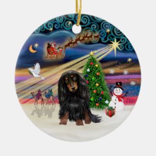 Adorno De Cerámica Xmas Magic - Dachshund de pelo largo (negro y cane