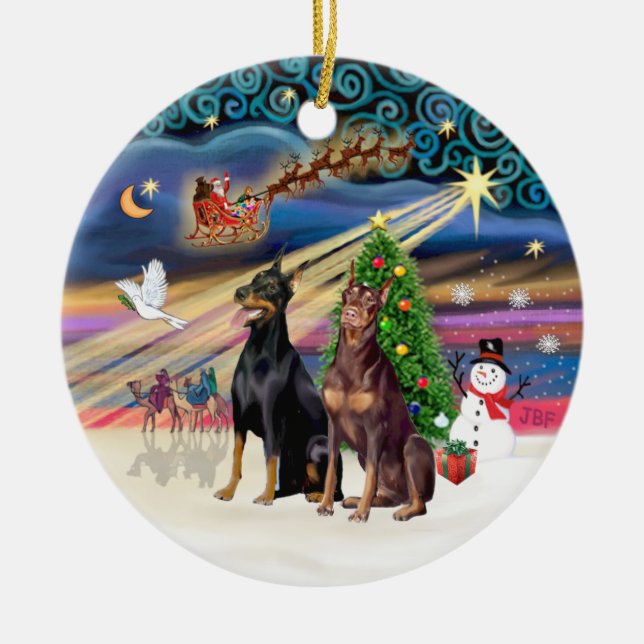 Adorno De Cerámica Xmas Magic - Dobermans (DOS-Blk-Red) (Frente)