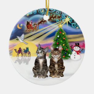Adorno De Cerámica Xmas Magic - Dos gatos tabulados marrones