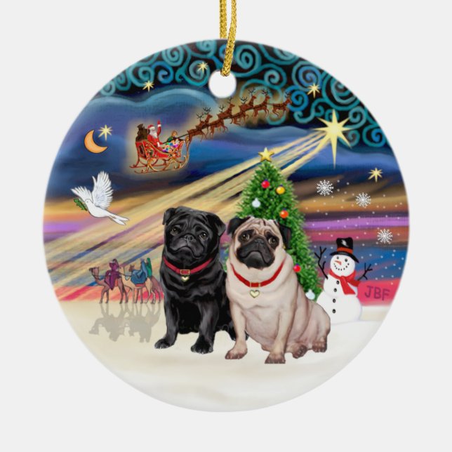 Adorno De Cerámica Xmas Magic - Pugs (DOS-Falso+negro) (Frente)