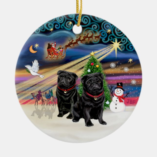 Adorno De Cerámica Xmas Magic - Pugs (DOS negros) (Frente)