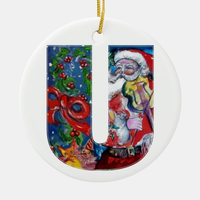 ADORNO DE CERÁMICA XMAS U LETTER /SANTA CLAUS CON VIOLIN MONOGRAM (Frente)