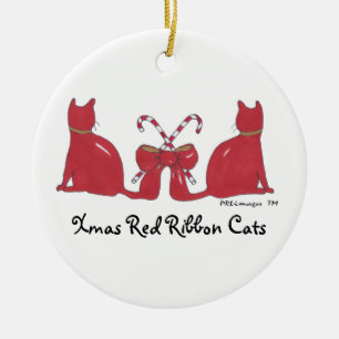 Adorno De Cerámica XmasRedRibbonCats, gatos rojos de la cinta de