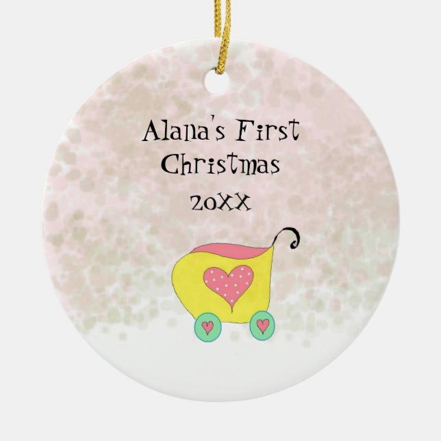 Adorno De Cerámica Yellow Buggy Babys First Christmas (Frente)