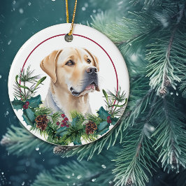 Adorno De Cerámica Yellow Lab Retriever Evergreen Berry Wreath