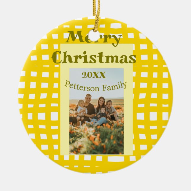Adorno De Cerámica Yellow white plaid retro Christmas holiday family  (Frente)