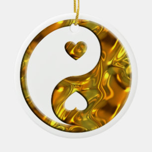 Adorno De Cerámica Yin & Yang / plata dorada del corazón
