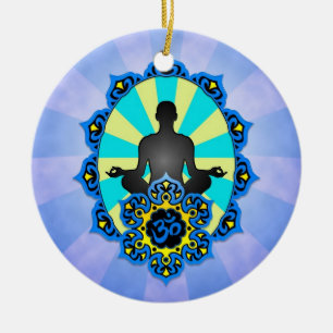 Adorno De Cerámica Yoga Aum de la meditación, azul y amarillo
