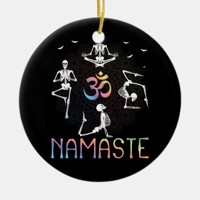 Adorno De Cerámica Yoga Zen Halloween Namaste Skeletons Testigos Medi (Frente)