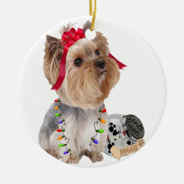 Adorno De Cerámica Yorkie cree en Santa Ornament (Frente)