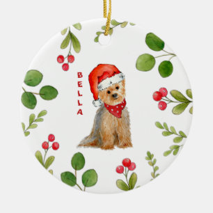 Adorno De Cerámica Yorkie de acuarela personalizada en Santa hat