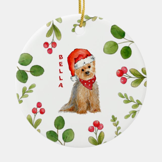 Adorno De Cerámica Yorkie de acuarela personalizada en Santa hat (Frente)