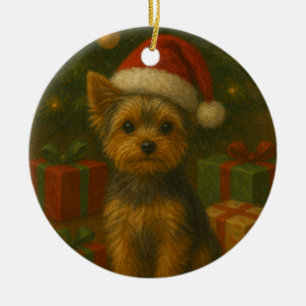Adorno De Cerámica Yorkie de Navidad