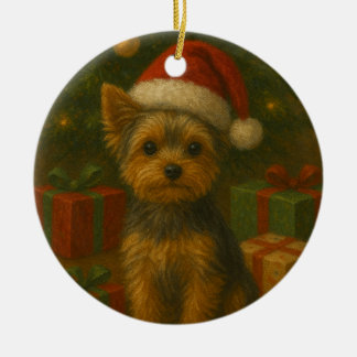 Adorno De Cerámica Yorkie de Navidad