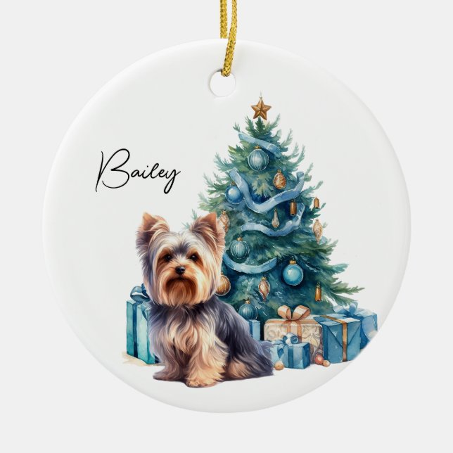 Adorno De Cerámica Yorkie de nombre de perro personalizado con árbol  (Frente)