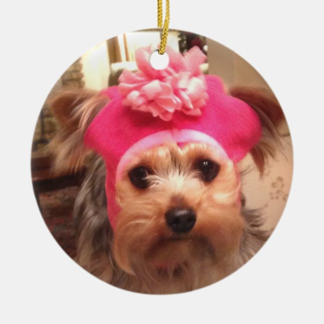 Adorno De Cerámica Yorkie en un gorra (Frente)