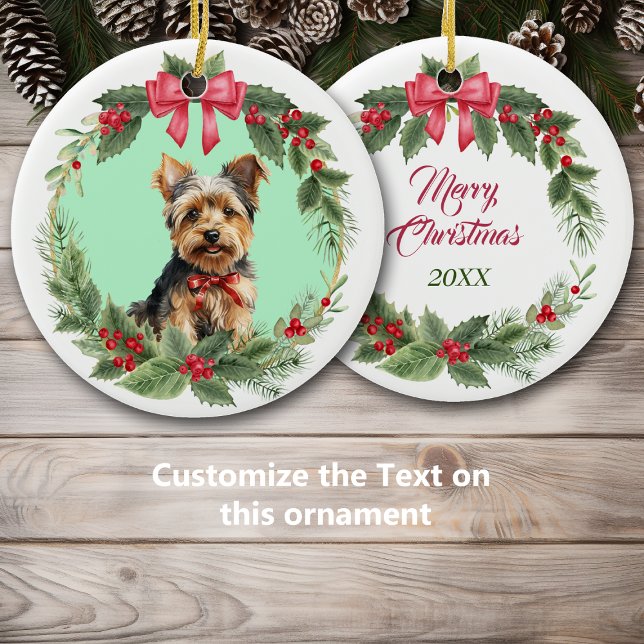 Adorno De Cerámica Yorkie Puppy Dog Red Bow Holly Wreath (Subido por el creador)