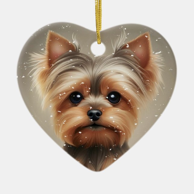Adorno De Cerámica Yorkie Snowy Moment Navidades Cute (Frente)