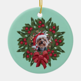 Adorno De Cerámica Yorkie Wreath Christmas Ornament