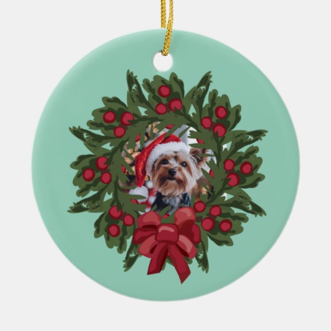 Adorno De Cerámica Yorkie Wreath Christmas Ornament (Frente)