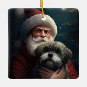 Adorno De Cerámica Yorkipoo Con Santa Claus Navideño