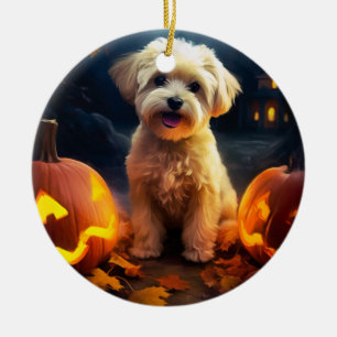 Adorno De Cerámica Yorkipoo de Halloween con calabazas temerosas