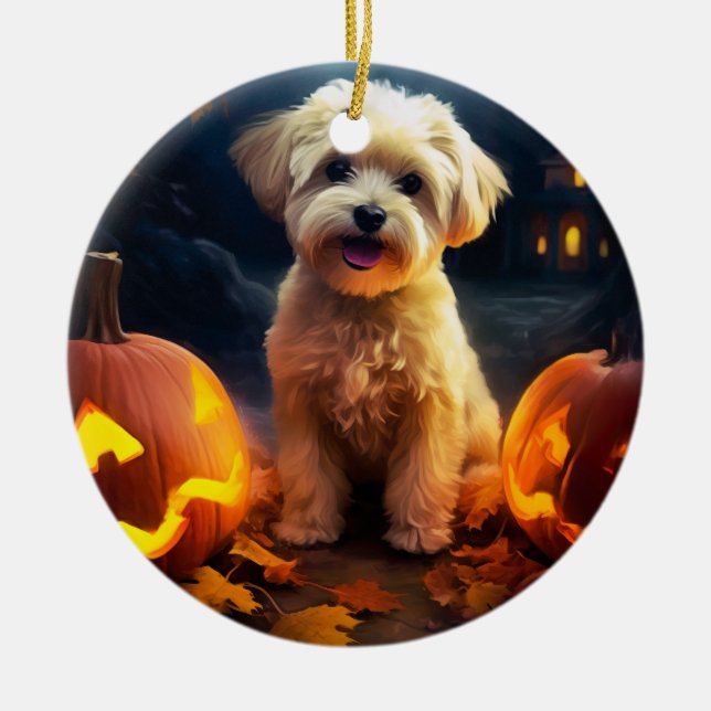 Adorno De Cerámica Yorkipoo de Halloween con calabazas temerosas (Frente)