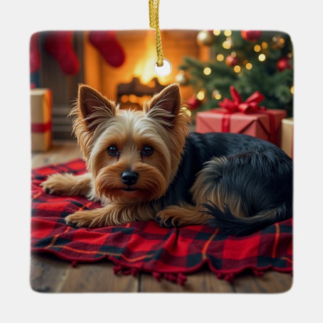 Adorno De Cerámica Yorkshire Terrier Cozy Christmas Evening Painting (Anverso)