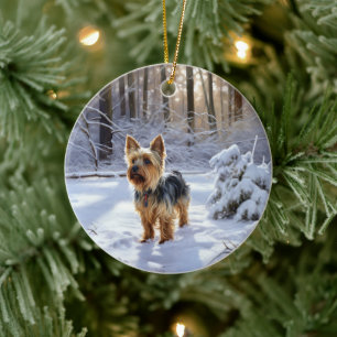 Adorno De Cerámica Yorkshire Terrier Deja que nieve Navidad