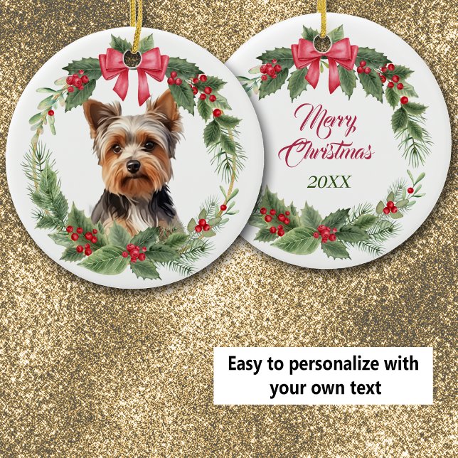 Adorno De Cerámica Yorkshire Terrier Dog Red Bow Holly Wreath (Subido por el creador)