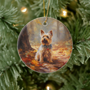 Adorno De Cerámica Yorkshire Terrier en otoño inspira la caída de las
