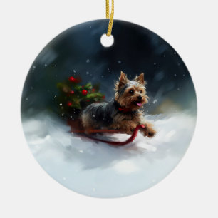Adorno De Cerámica Yorkshire Terrier Navidad nieve invierno
