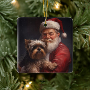 Adorno De Cerámica Yorkshire Terrier Papá Noel Festivo Navidad