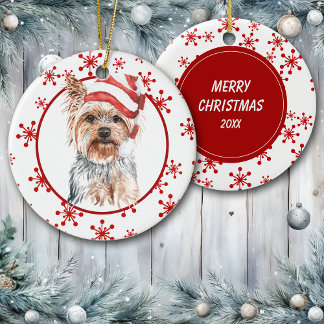 Adorno De Cerámica Yorkshire Terrier Santa Hat Red Snowflake
