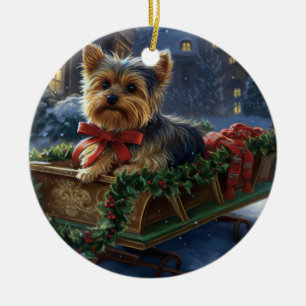 Adorno De Cerámica Yorkshire Terrier Temporada Navideña Festiva