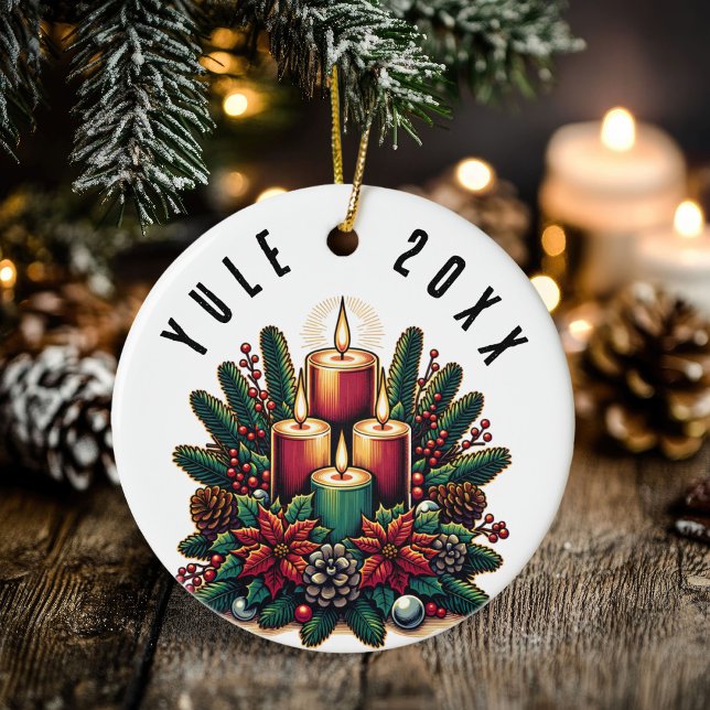 Adorno De Cerámica Yule Winter Solstice Poinsettia & Greenery Wicca (Yule Winter Solstice Poinsettia & Greenery Wicca Ceramic Ornament)