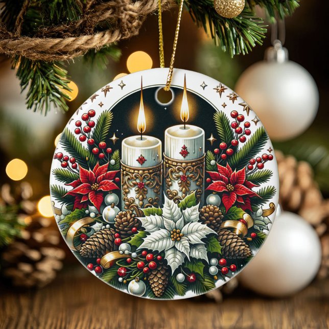 Adorno De Cerámica Yule Winter Solstice Poinsettia & Greenery Wicca (Yule Winter Solstice Poinsettia & Greenery Wicca Ceramic Ornament)