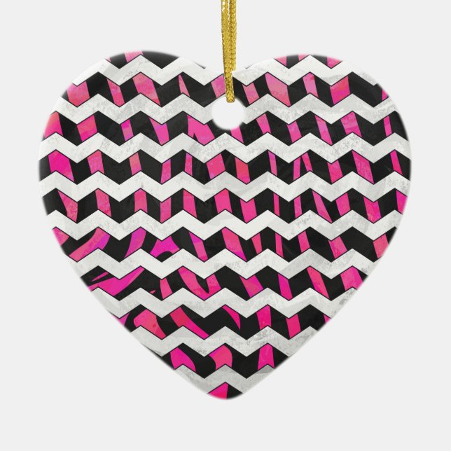 Adorno De Cerámica Zebra Chevron negro y rosa caliente (Frente)