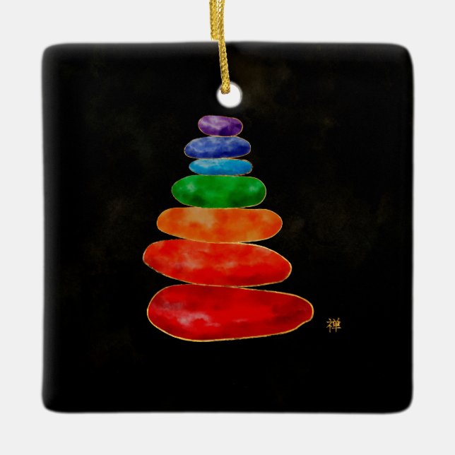 Adorno De Cerámica Zen Pebbles Chakras - acuarela y oro (Anverso)